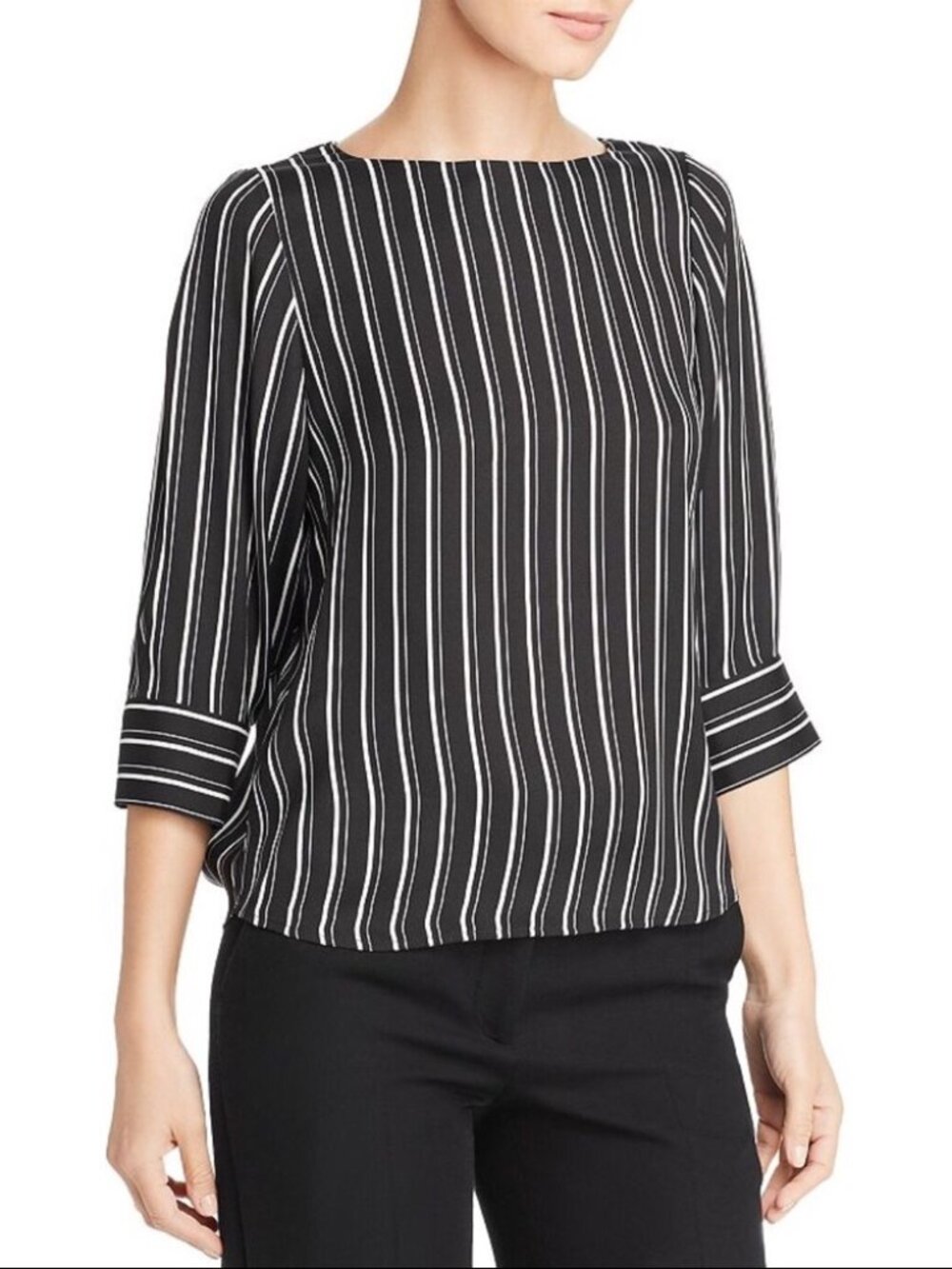 Tahari Black and White Striped Blouse – ¾ Sleeve – Size Large
